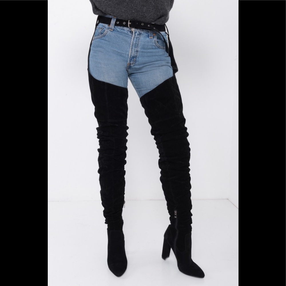 Azalea Wang, BELTED THIGH HIGH HEEL CHAP BOOT, 8.5